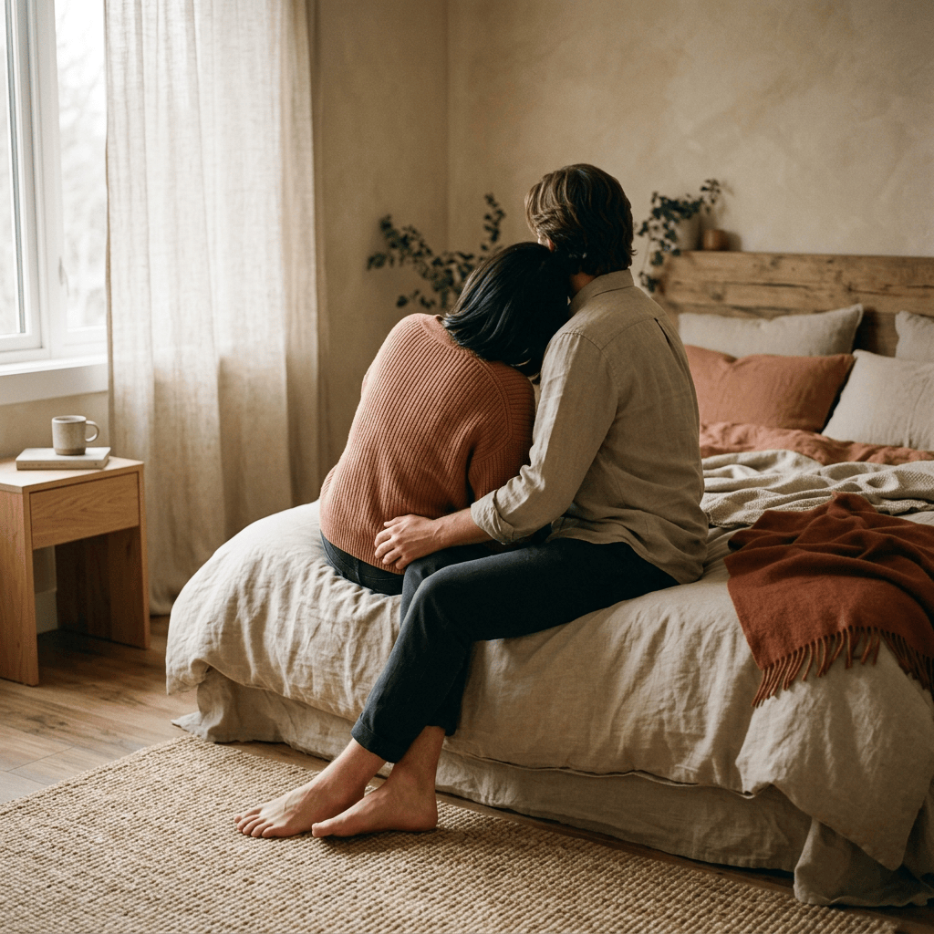 Couple embracing while seated on the edge of a bed